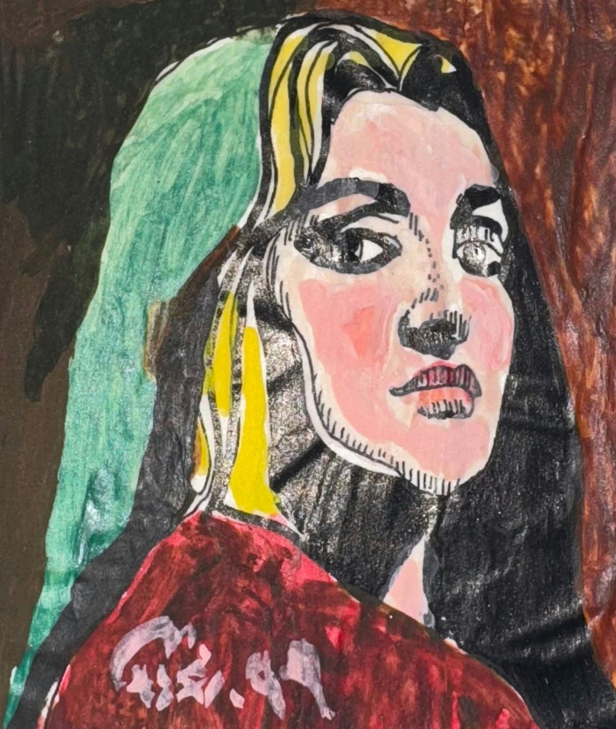 Original Mixed media 'Portrait of a Woman with Green Veil' by Mohammad Bushnaq