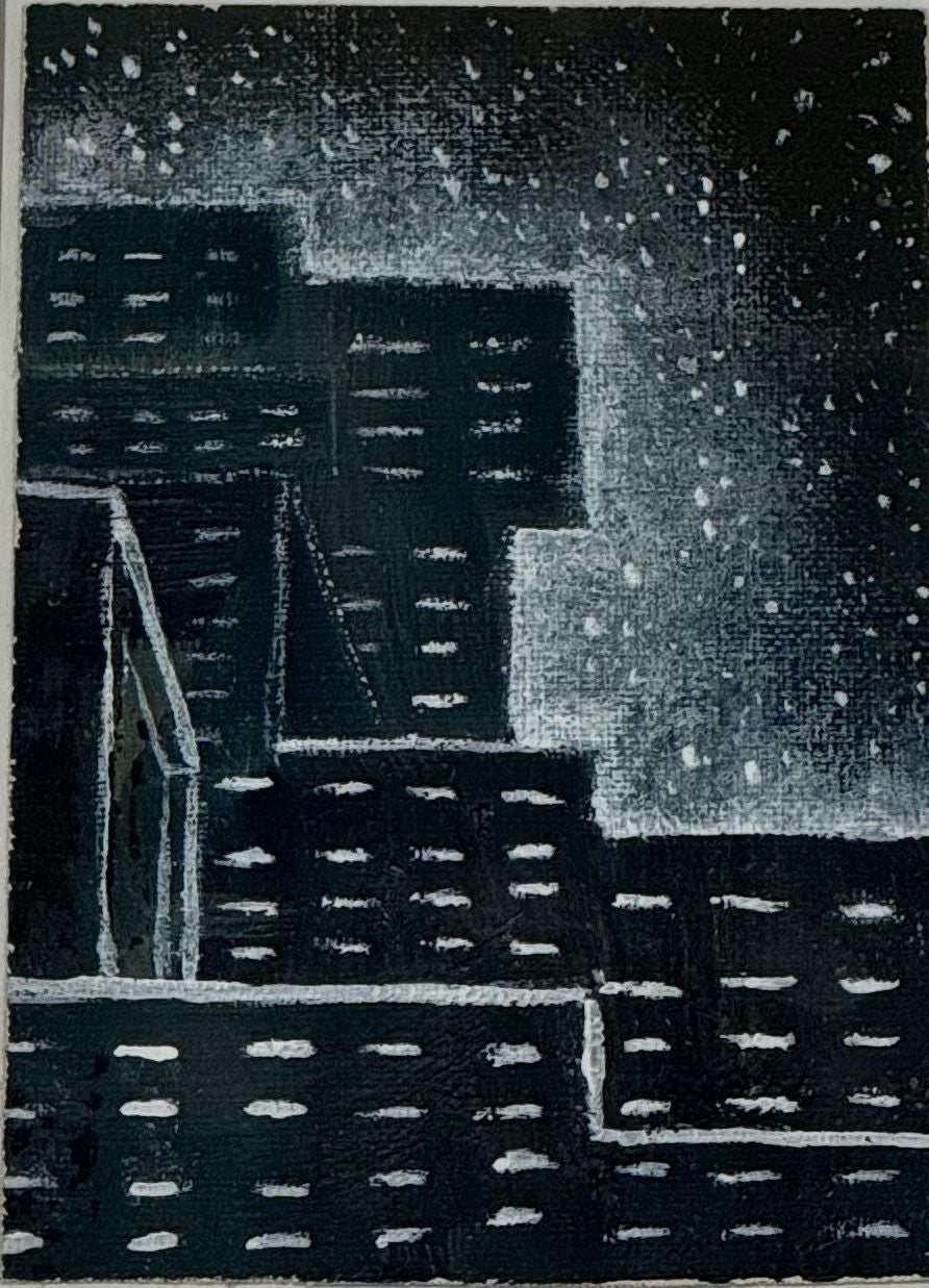 Original Oil 'City Buildings in Snowfall at Night' by Mohammad Bushnaq
