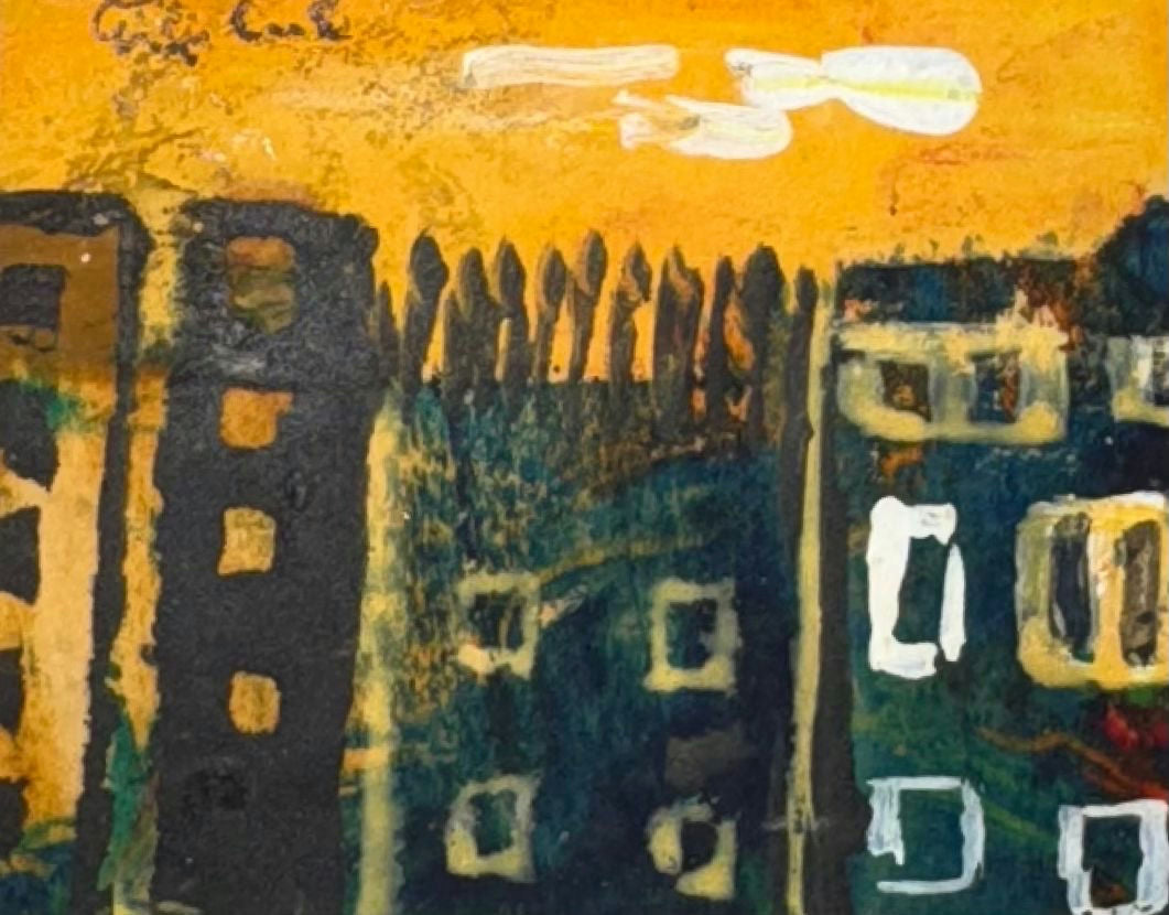 Original Mixed media 'Dark City Buildings Under Orange Sky' by Mohammad Bushnaq