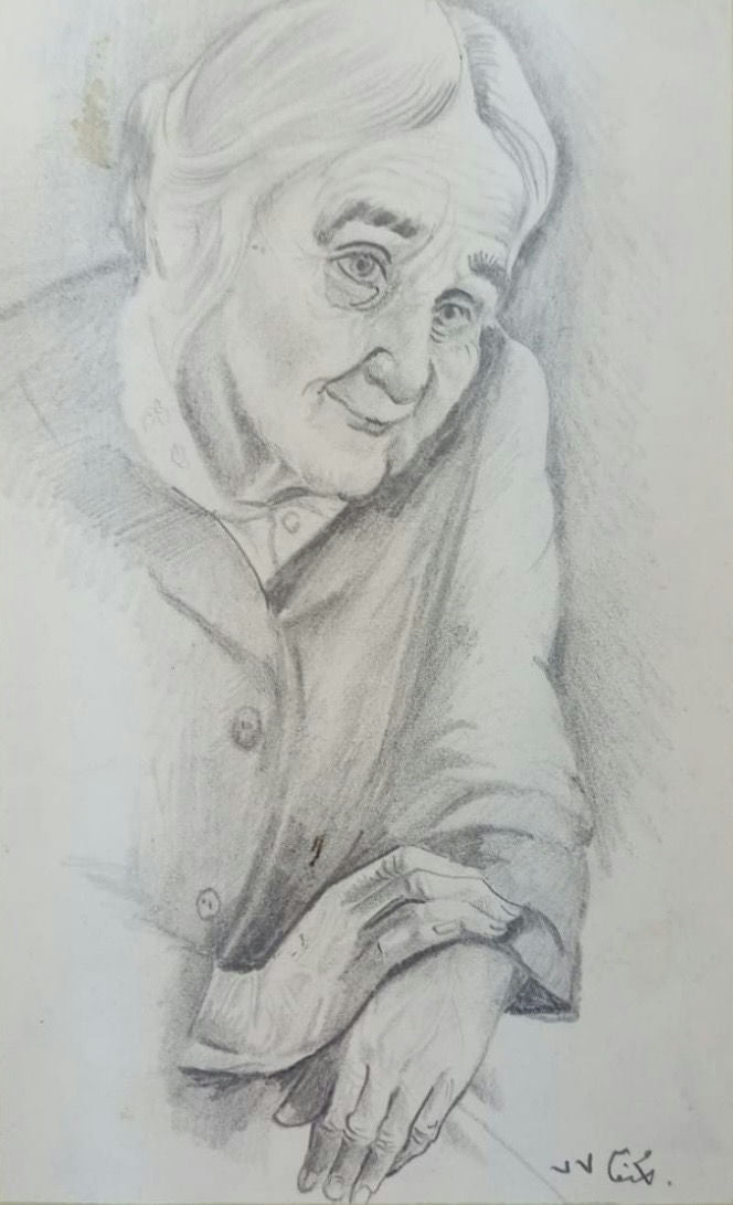 Original Ink & Pencil (Sketches) 'Portrait of an Elderly Woman Seated' by Mohammad Bushnaq