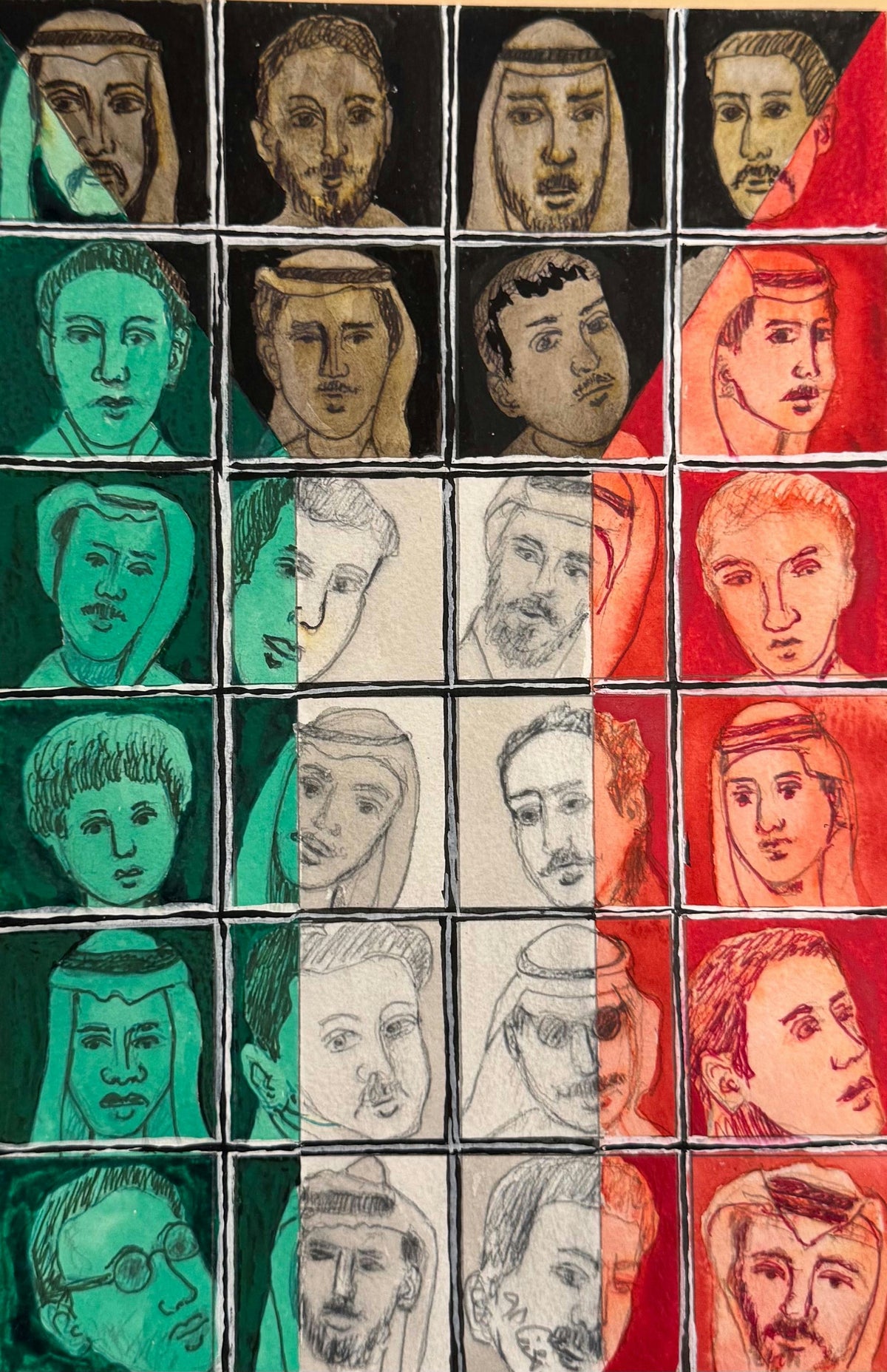 Original Watercolor 'Grid of Arab Portrait Faces' by Mohammad Bushnaq
