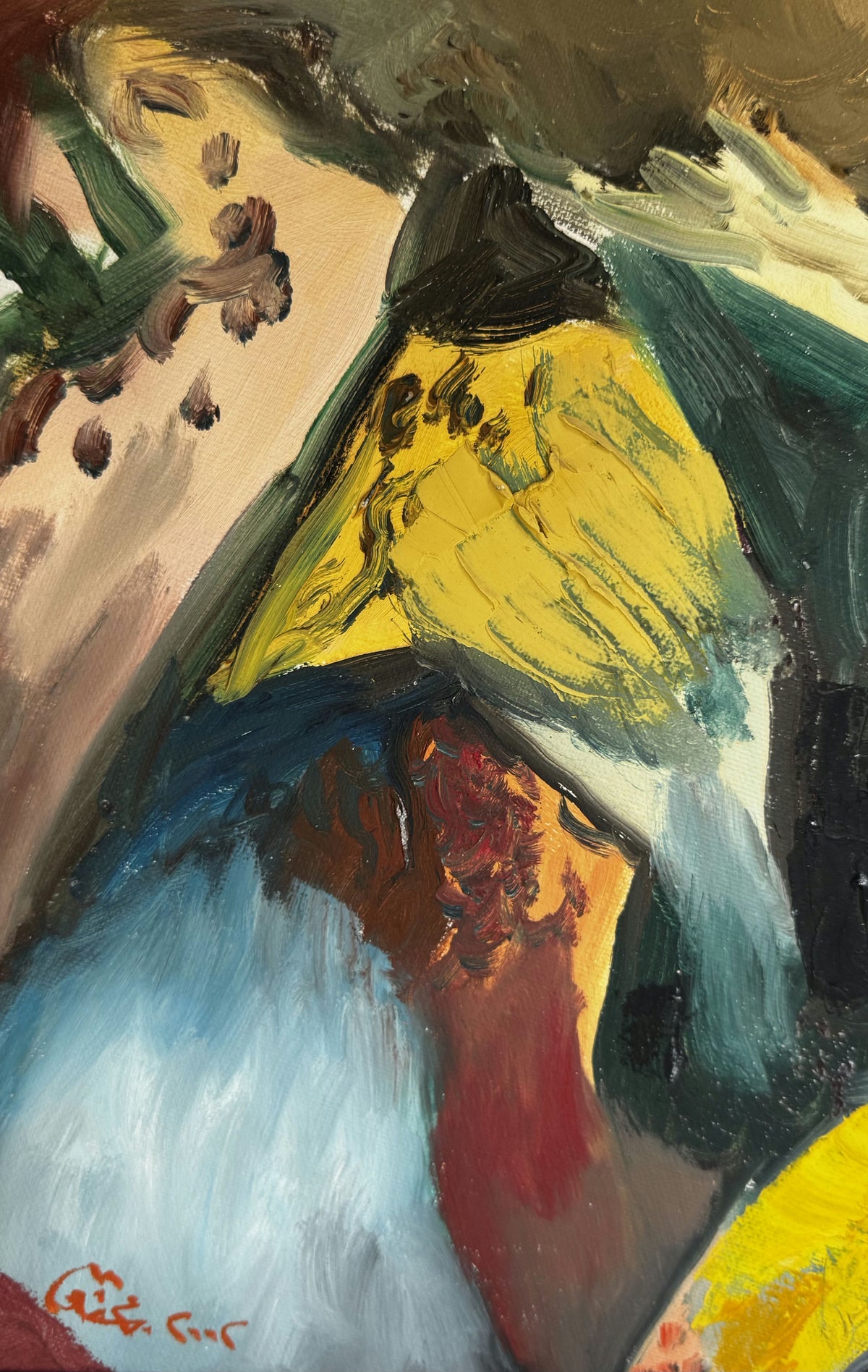 Original Mixed media 'Figure in Yellow and Blue' by Mohammad Bushnaq