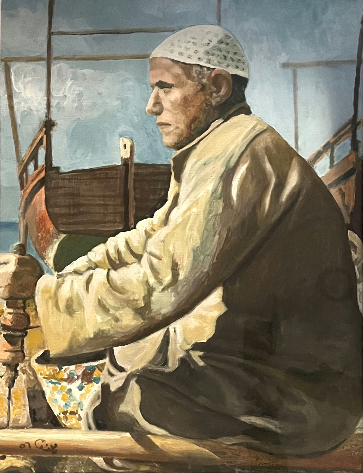 Original Oil 'Seated Old Man in White Cap' by Mohammad Bushnaq