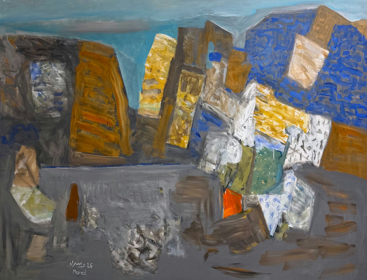 Original Acrylic 'Abstract Geometric Forms in Blue and Gold' by Abdullah Murad