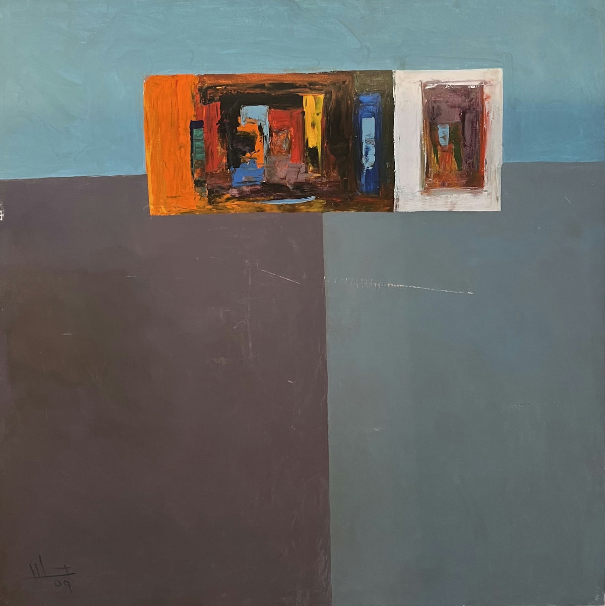 Original Acrylic 'Abstract Architectural Forms on Grey Blue' by Ghassan Abulaban