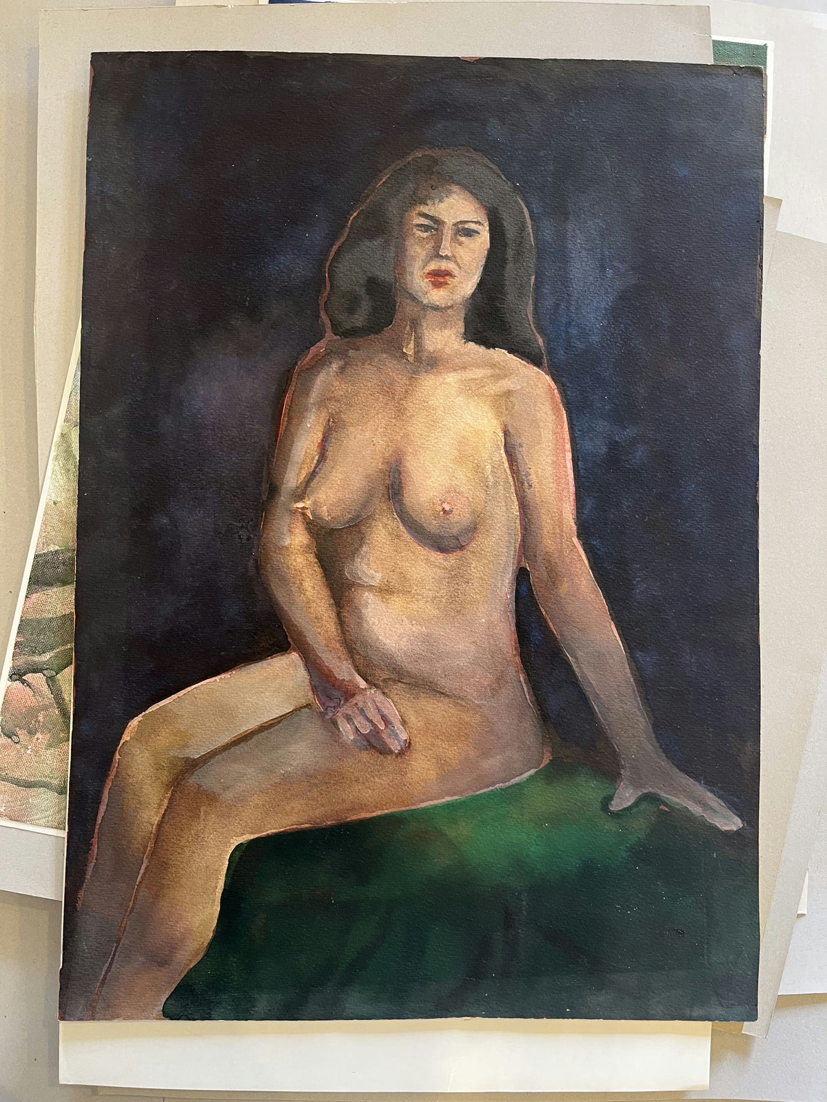 Original Acrylic 'Seated Nude Woman on Green Surface' by Mohammad Bushnaq