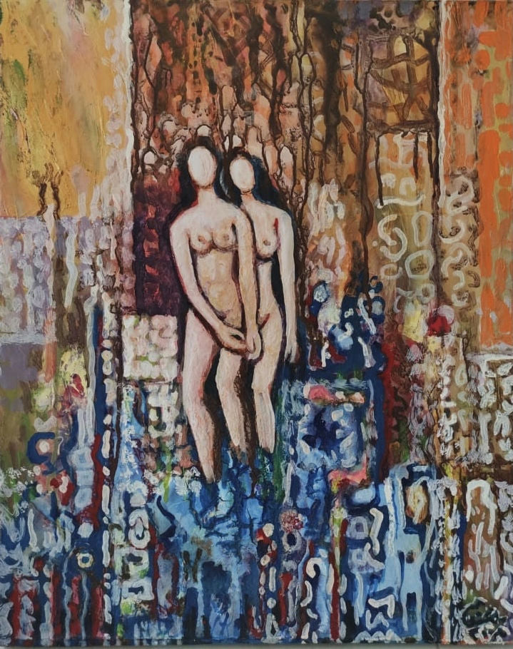 Original Acrylic 'Two Nude Figures Standing Together' by Mohammad Bushnaq