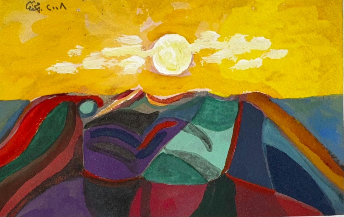 Original Mixed media 'Colorful Abstract Mountains Under Sun' by Mohammad Bushnaq