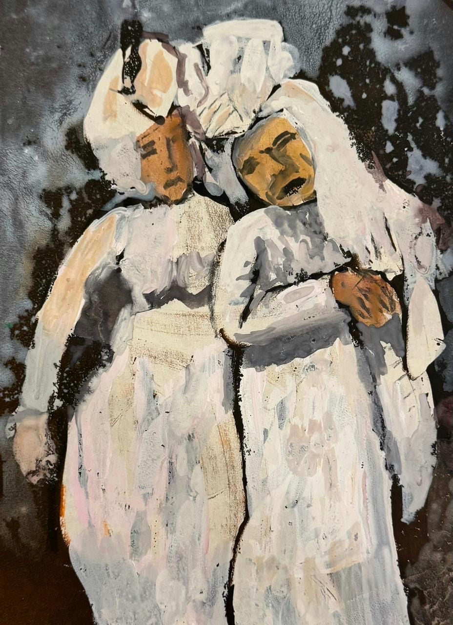 Original Watercolor 'Two Robed Figures Embracing' by Mohammad Bushnaq