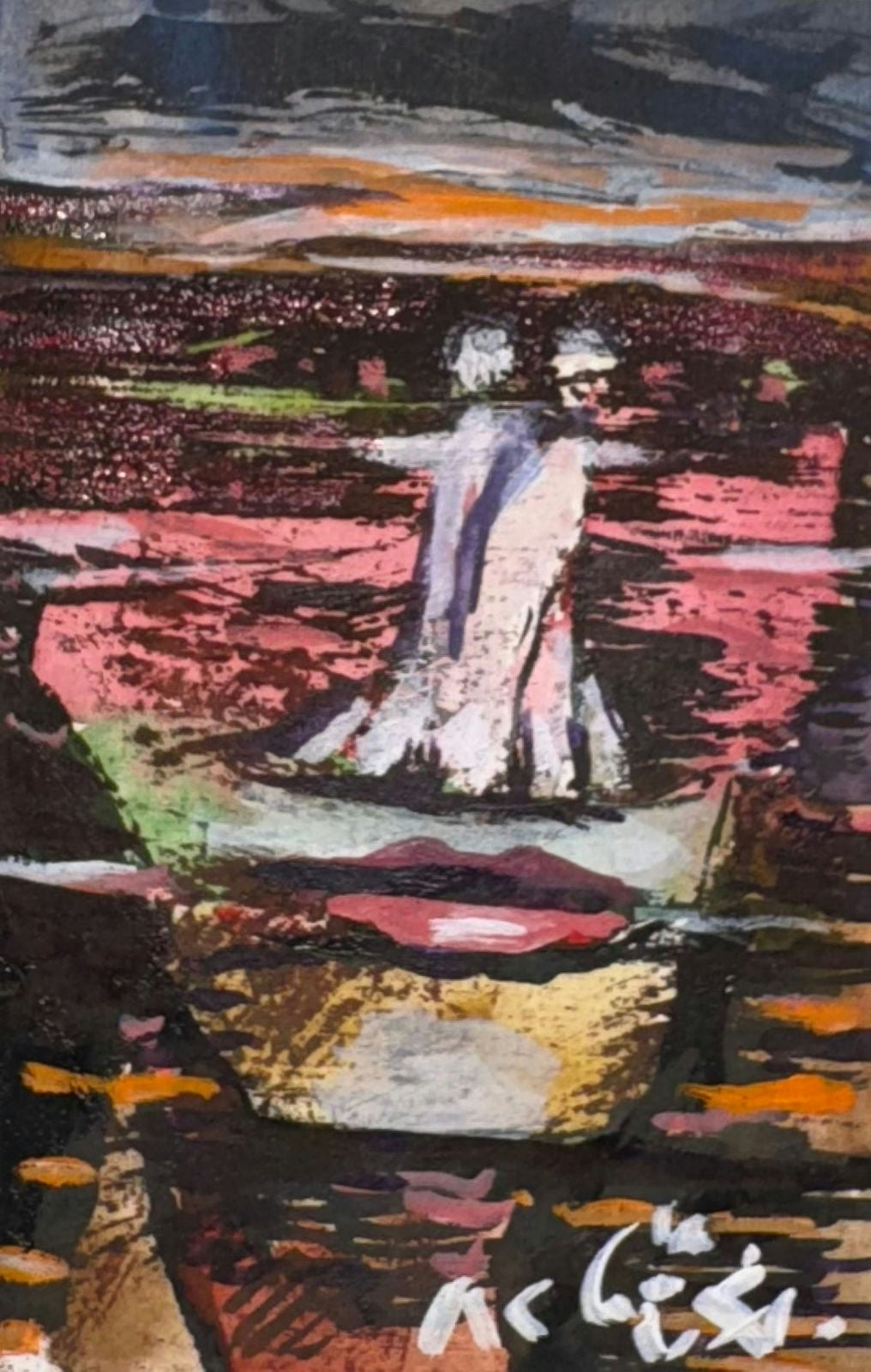 Original Mixed media 'Solitary Figure in Expressive Landscape' by Mohammad Bushnaq