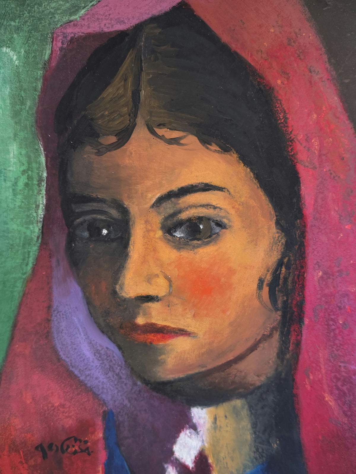 Original Mixed media 'Portrait of Young Woman in Red Veil' by Mohammad Bushnaq