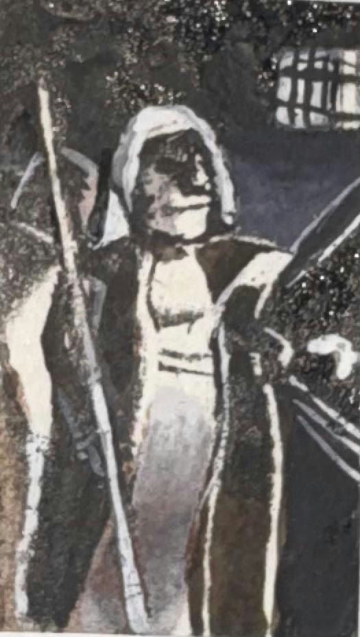 Original Mixed media 'Hooded Figure Holding a Staff' by Mohammad Bushnaq