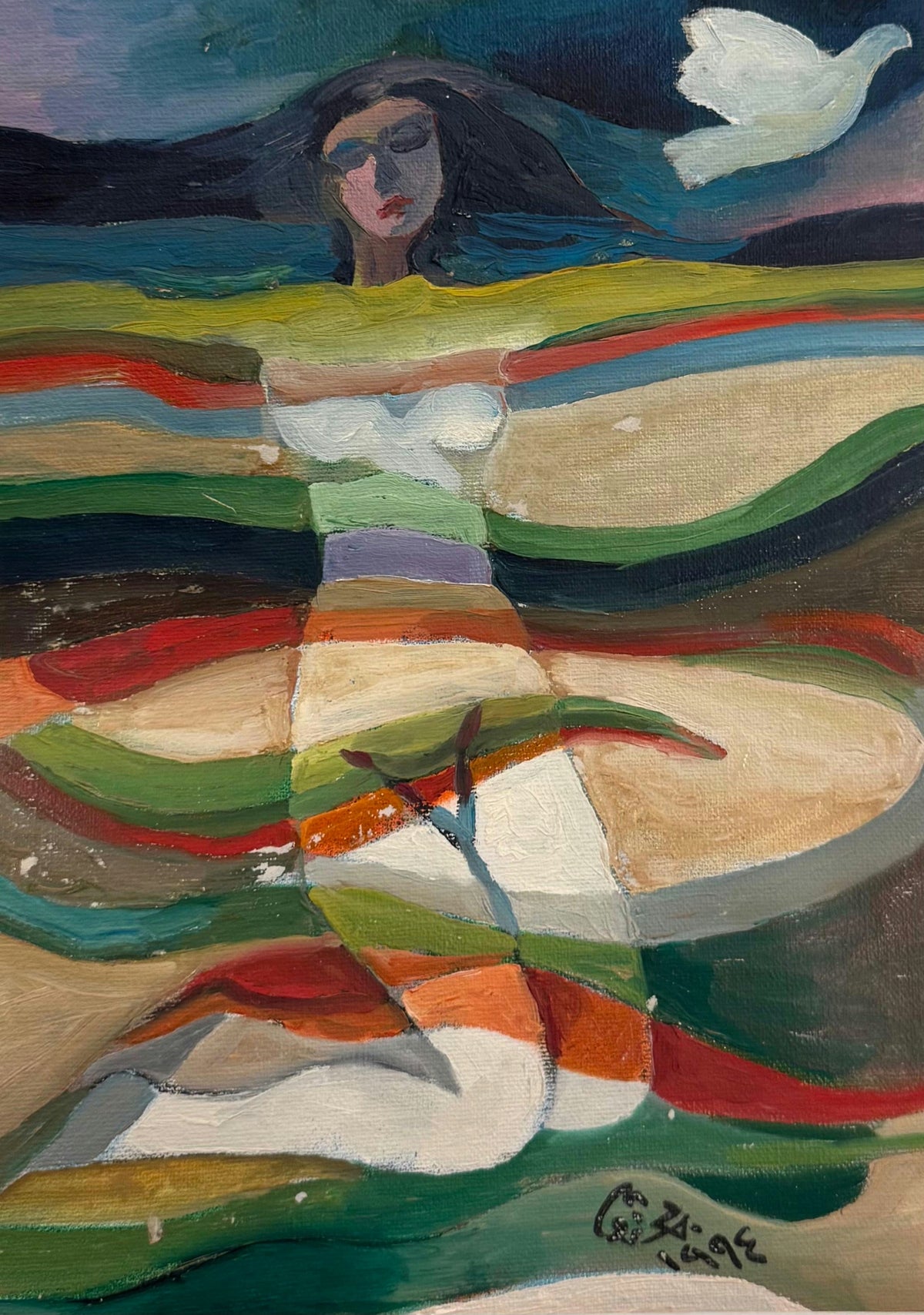 Original Oil 'Woman Dancing with White Dove' by Mohammad Bushnaq