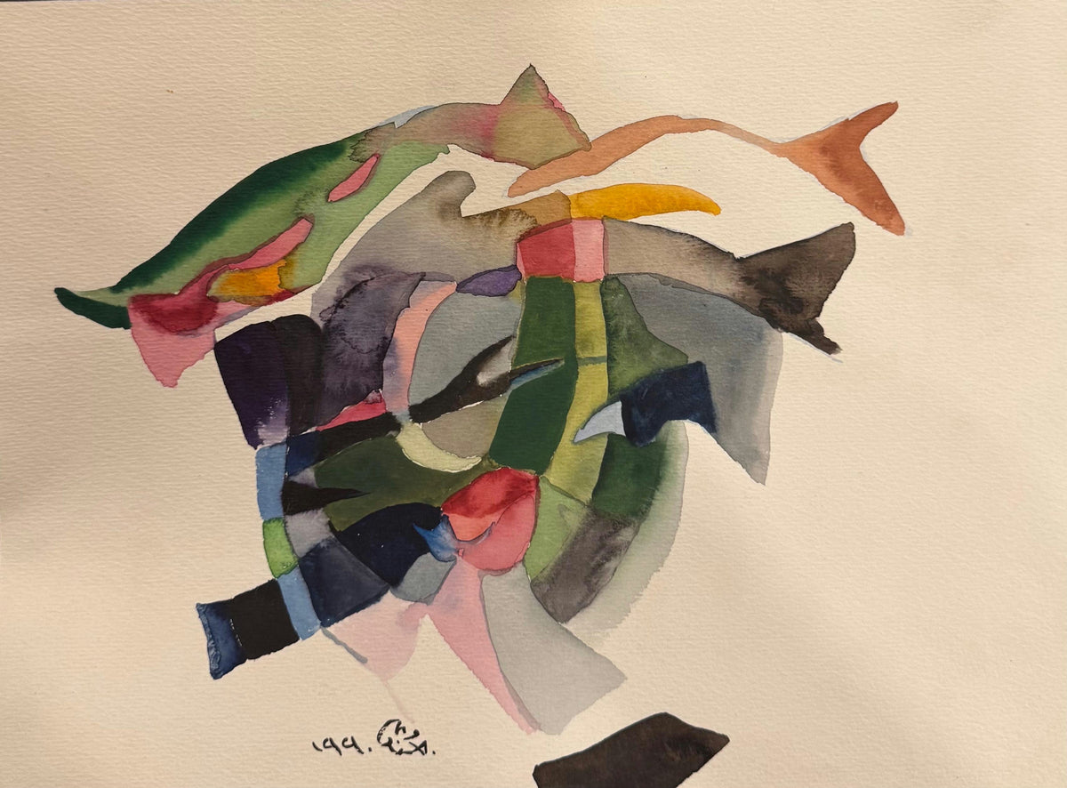 Original Watercolor 'Colourful Abstract Overlapping Shapes Composition' by Mohammad Bushnaq