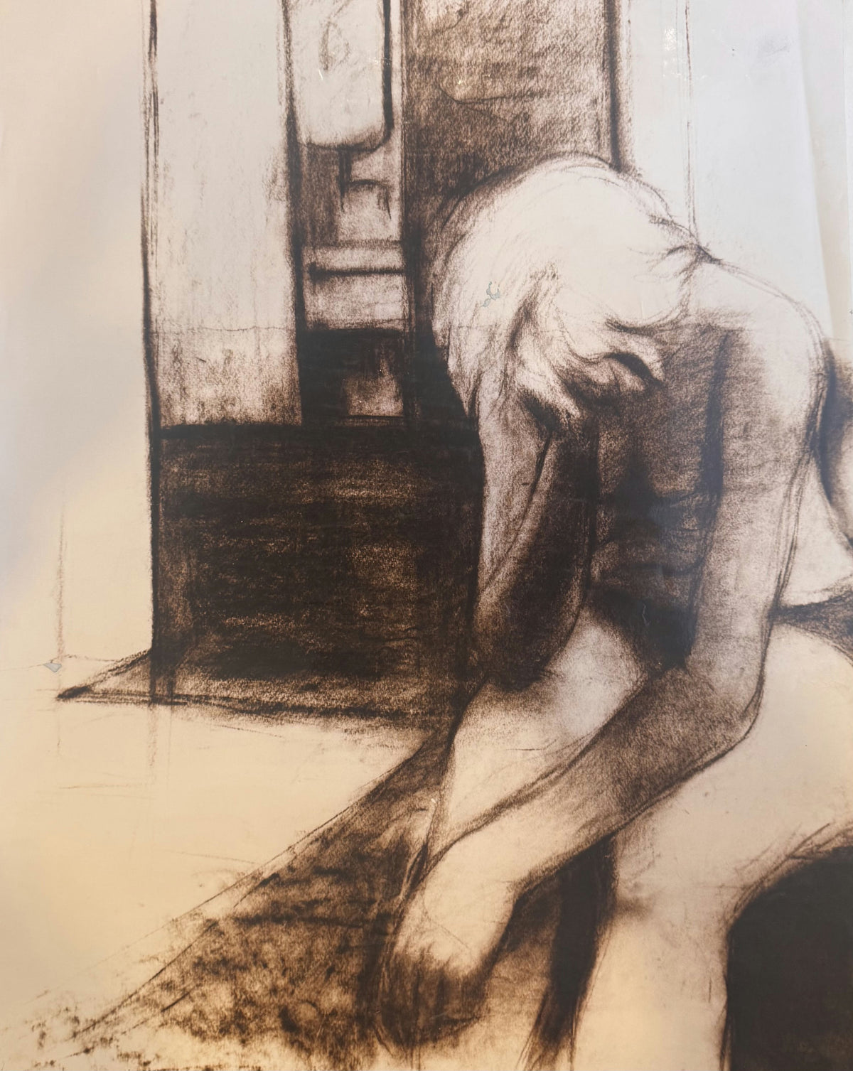 Original Watercolor 'Figure Bent Over Indoor Floor' by Mohammad Bushnaq