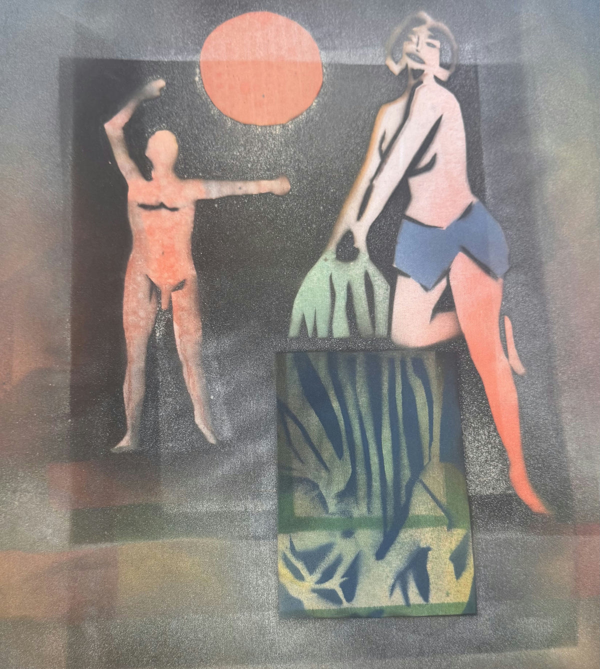 Original Watercolor 'Two Figures with Red Sun' by Mohammad Bushnaq