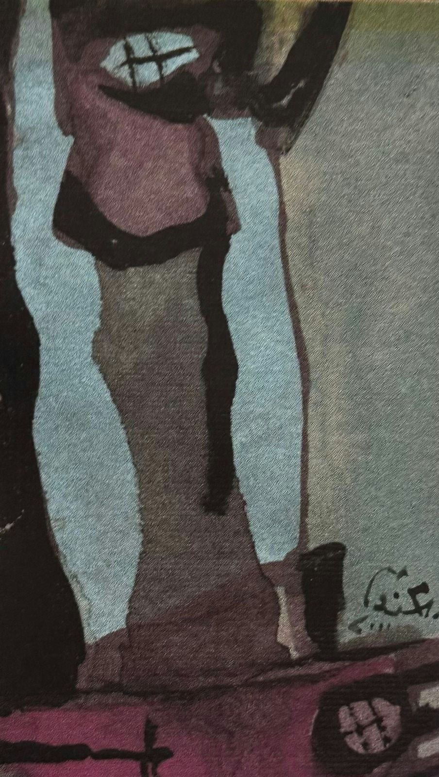 Original Watercolor 'Standing Figure with Cross Marks' by Mohammad Bushnaq