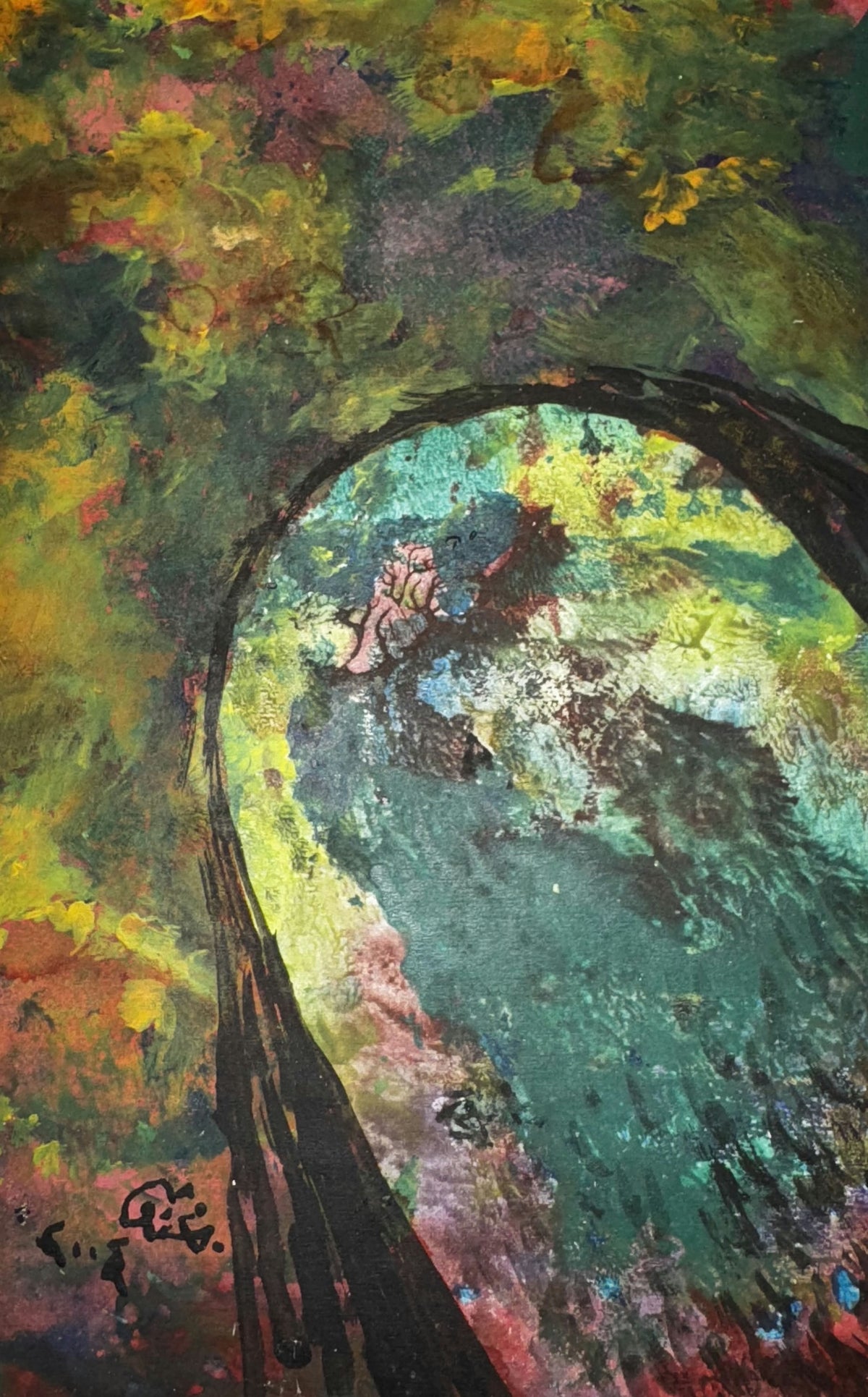 Original Mixed media 'Figure Seated Under Arching Tree' by Mohammad Bushnaq