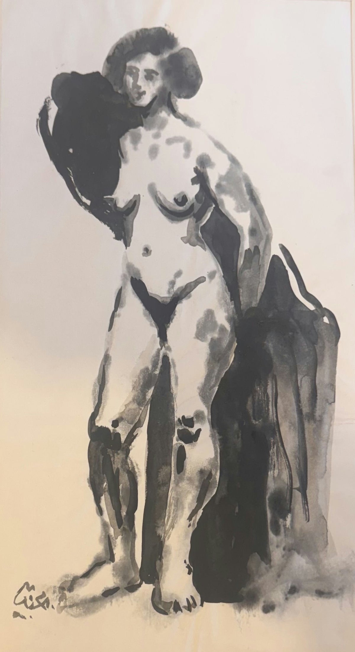 Original Watercolor 'Standing Nude Female Figure Study' by Mohammad Bushnaq