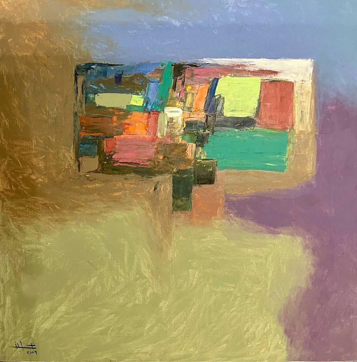 Original Acrylic 'Geometric Color Blocks on Golden Ground' by Ghassan Abulaban