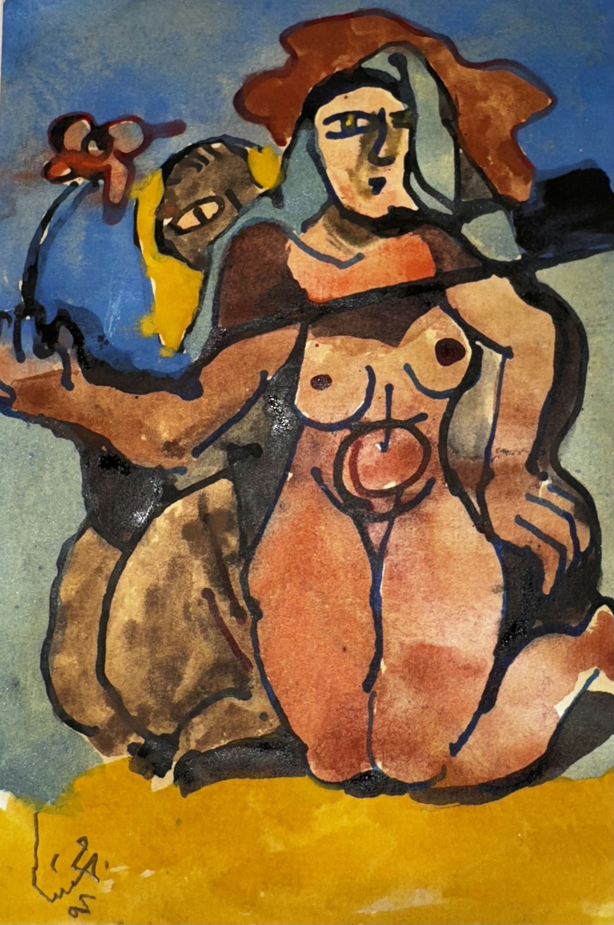 Original Mixed media 'Seated Nude Figure with Companion' by Mohammad Bushnaq