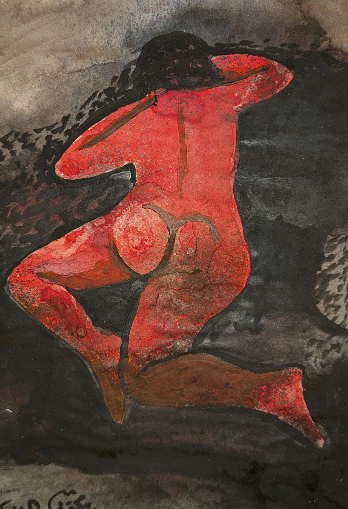 Original Mixed media 'Red Nude Figure in Motion' by Mohammad Bushnaq
