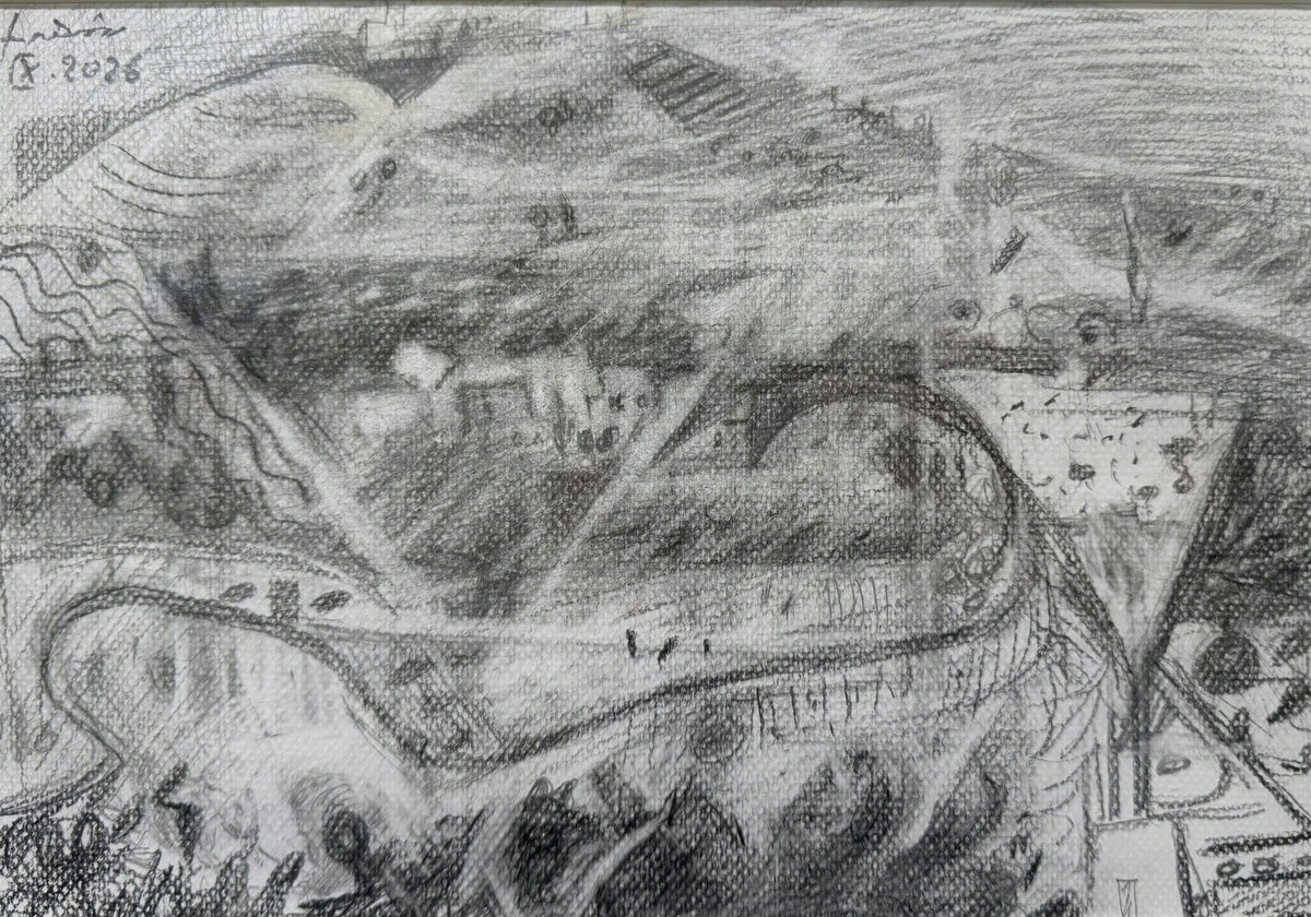 Original Ink & Pencil (Sketches) 'Aerial View of Urban Landscape' by Edward Shahda