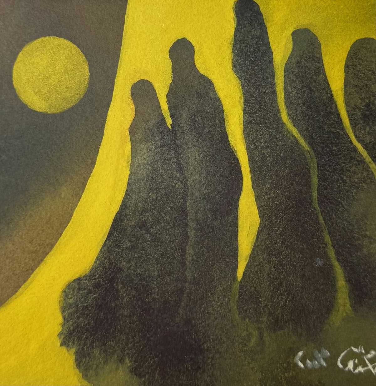 Original Mixed media 'Dark Robed Figures Under Yellow Moon' by Mohammad Bushnaq