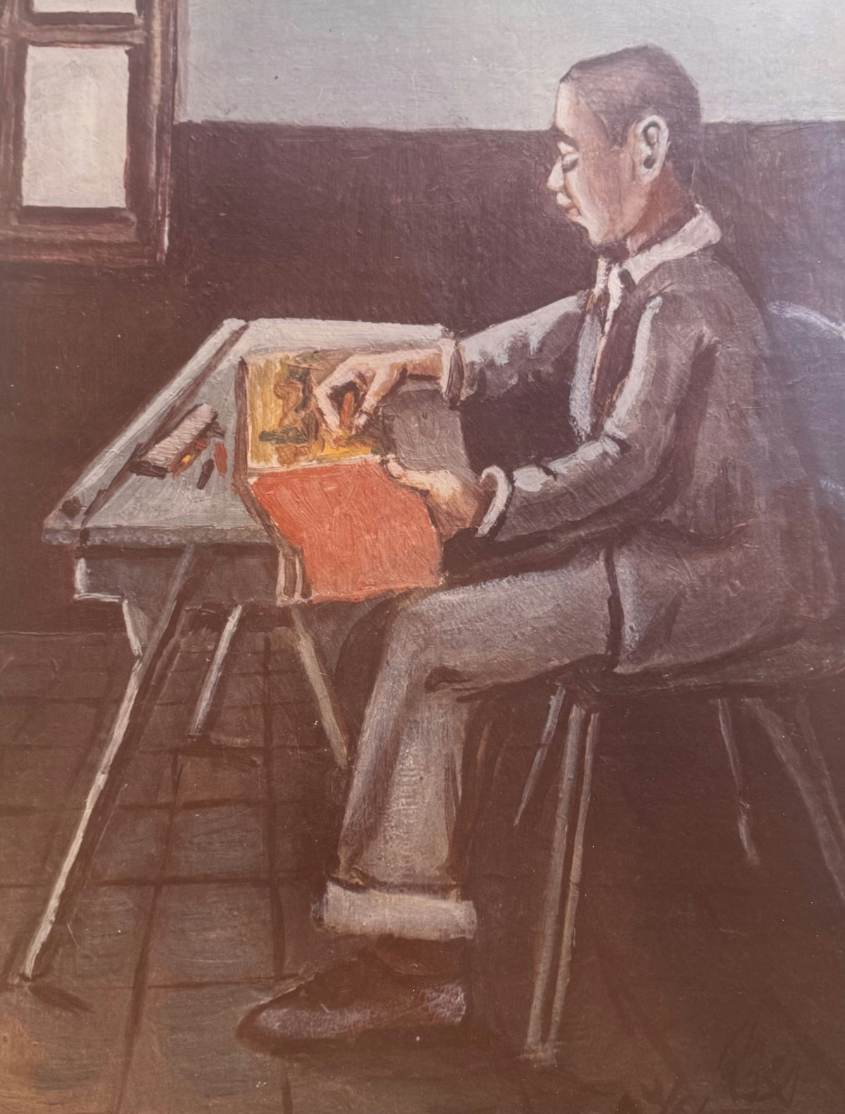 Original Watercolor 'Man Seated at Drawing Table' by Mohammad Bushnaq