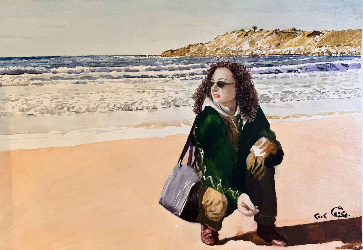 Original Mixed media 'Woman with Bag Crouching on Beach' by Mohammad Bushnaq