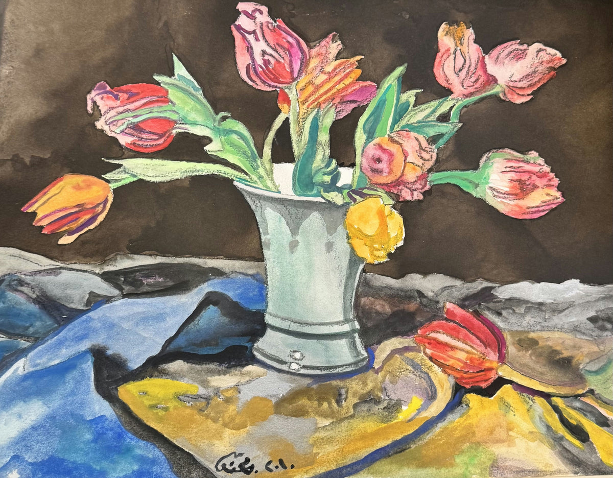 Original Mixed media 'Tulips in Grey Vase Still Life' by Mohammad Bushnaq