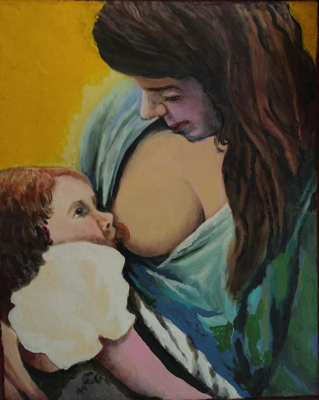Original Oil 'Mother Nursing Her Infant Child' by Mohammad Bushnaq