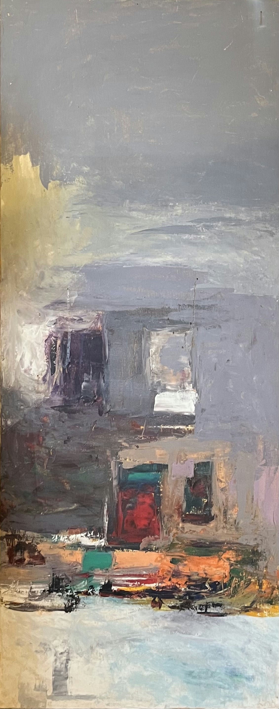 Original Acrylic 'Abstract Village Buildings in Grey Mist' by Ghassan Abulaban