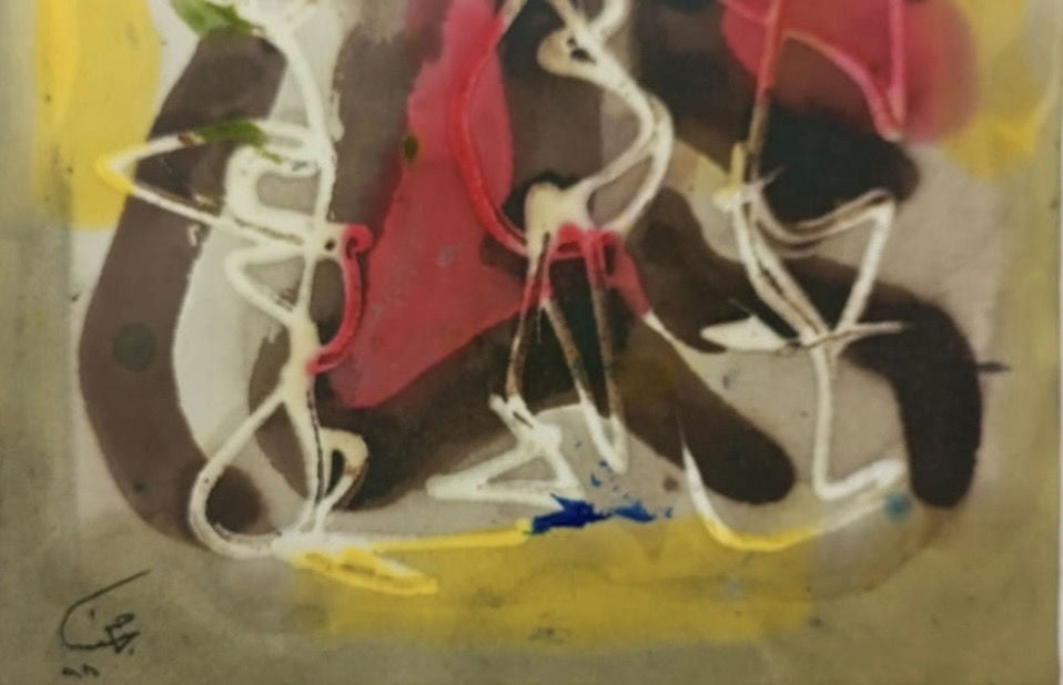Original Mixed media 'Abstract Forms in Pink and Yellow' by Mohammad Bushnaq