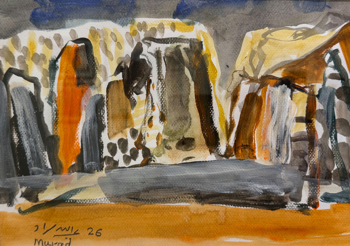 Original Watercolor 'Abstract Rocky Landscape in Orange and Grey' by Abdullah Murad