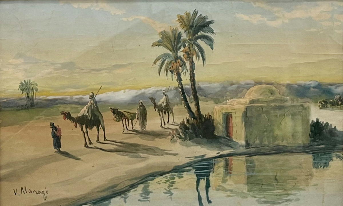 Original Watercolor 'Camel Caravan by Desert Waterway' by Vincent Manago