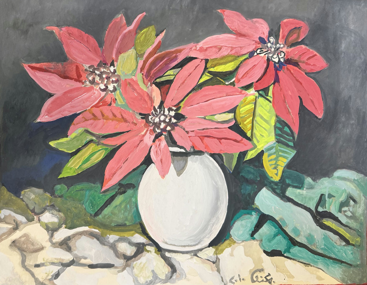 Original Mixed media 'Pink Flowers in White Vase' by Mohammad Bushnaq