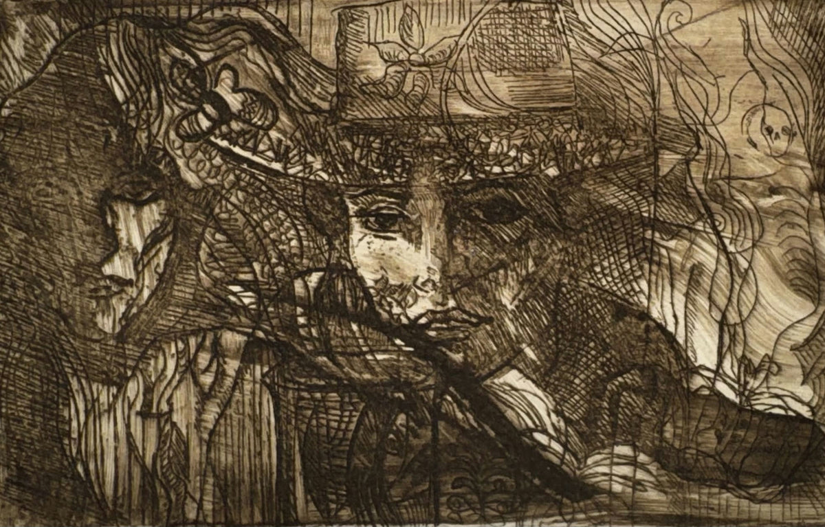 Original Mixed media 'Two Faces with Hat and Swirling Lines' by Mohammad Bushnaq