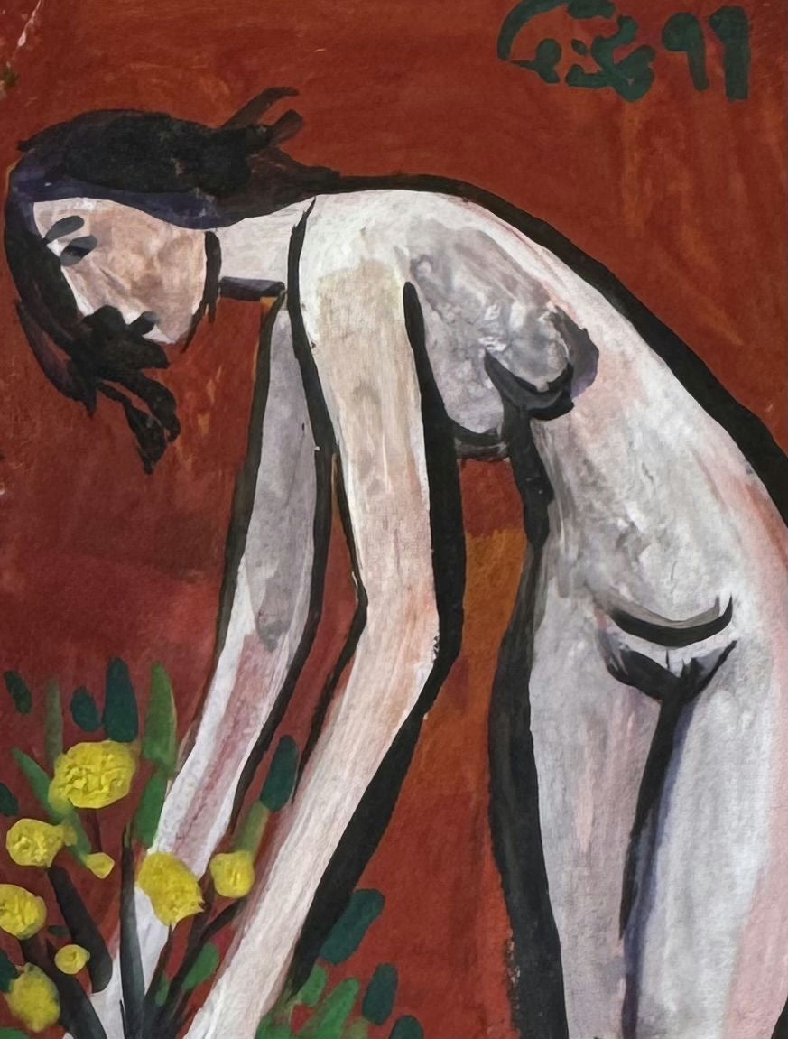 Original Mixed media 'Woman Bending Toward Yellow Flowers' by Mohammad Bushnaq