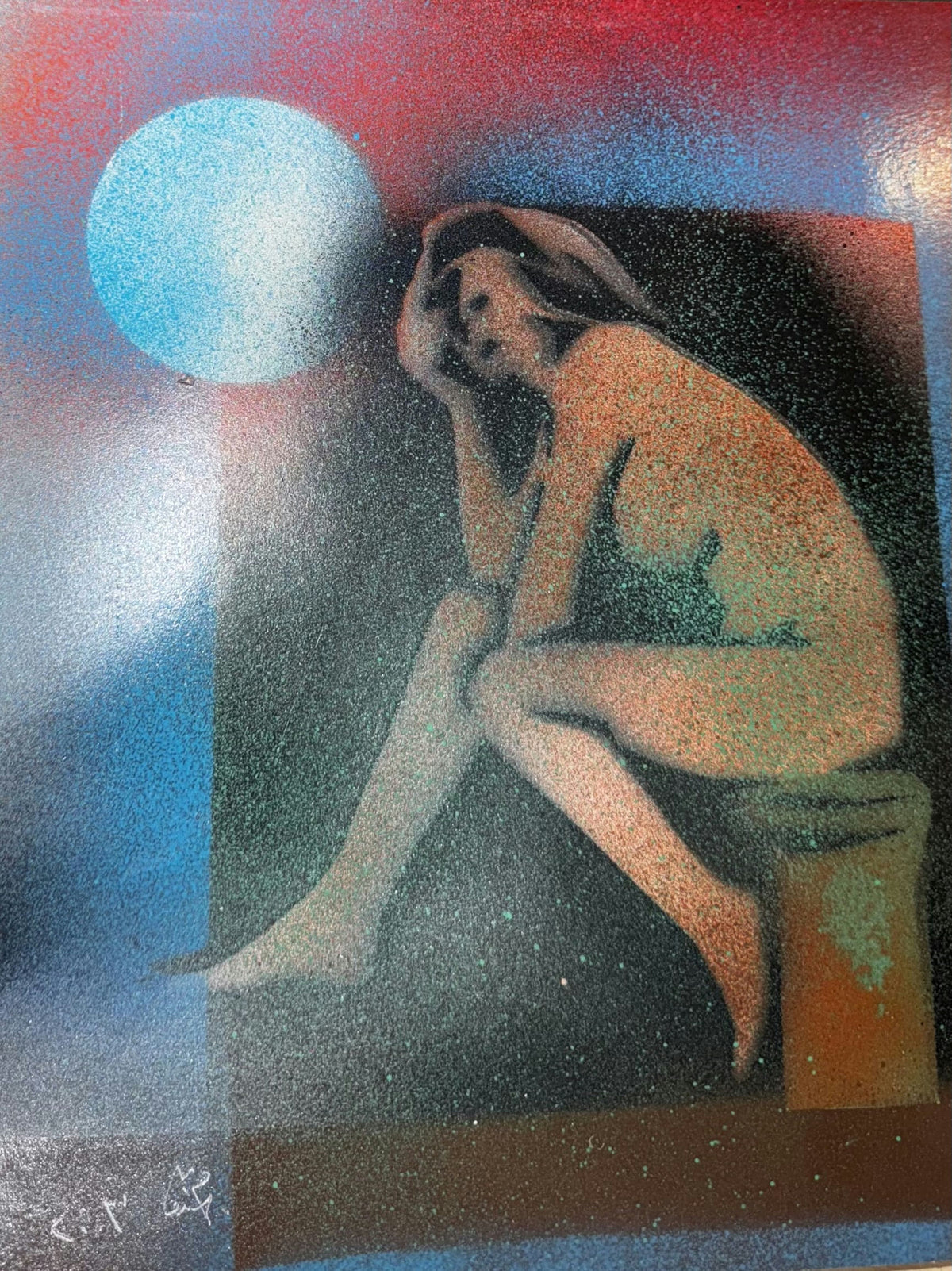 Original Mixed media 'Seated Woman Under Blue Moon' by Mohammad Bushnaq