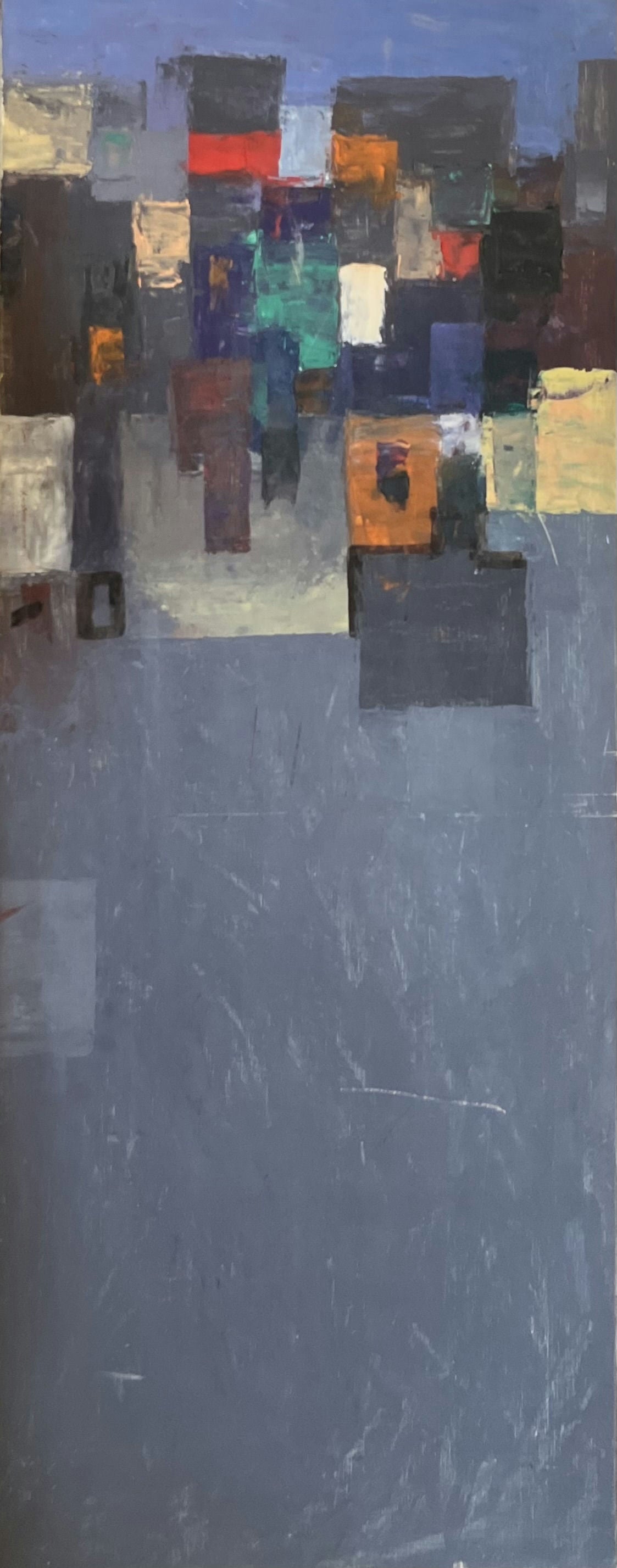 Original Acrylic 'Abstract Geometric City in Blue Grey' by Ghassan Abulaban
