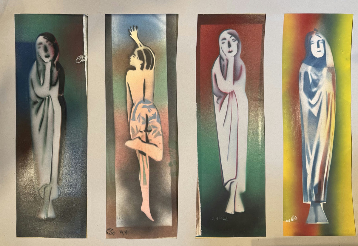 Original Mixed media 'Four Robed Female Figures on Paper' by Mohammad Bushnaq