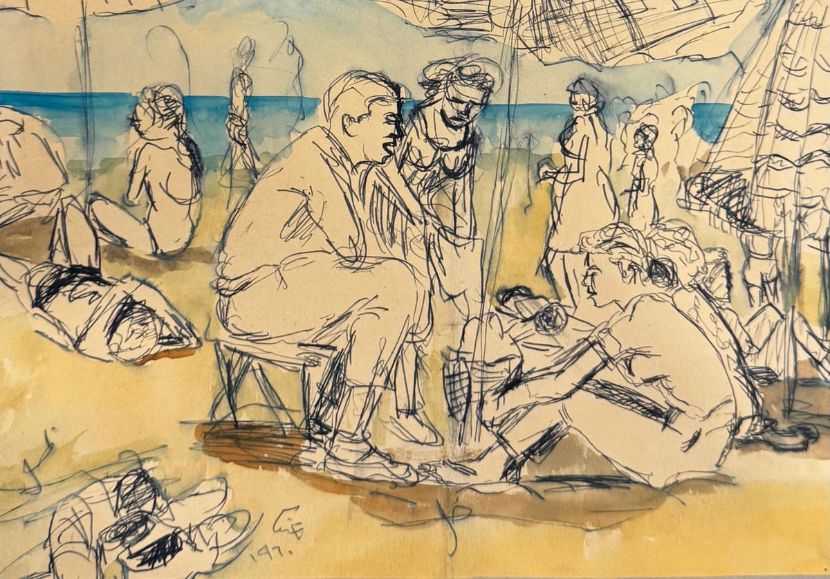 Original Watercolor 'Figures Gathered on a Sandy Beach' by Mohammad Bushnaq