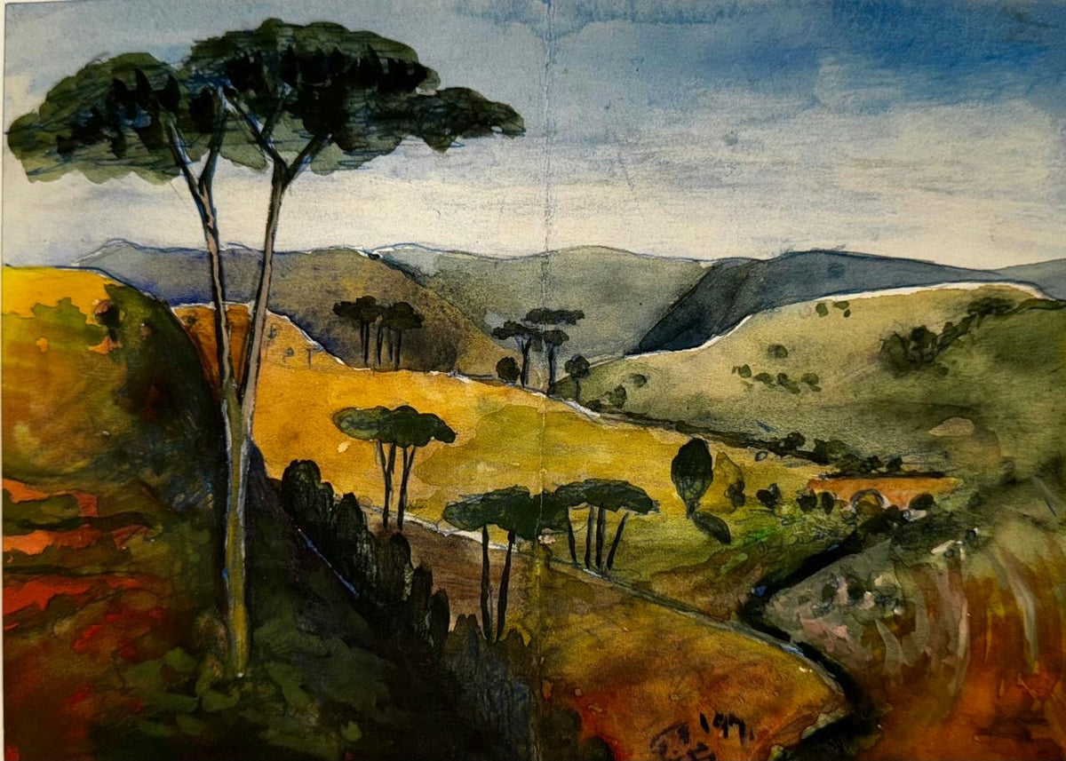 Original Mixed media 'Tall Trees in Rolling Hill Landscape' by Mohammad Bushnaq