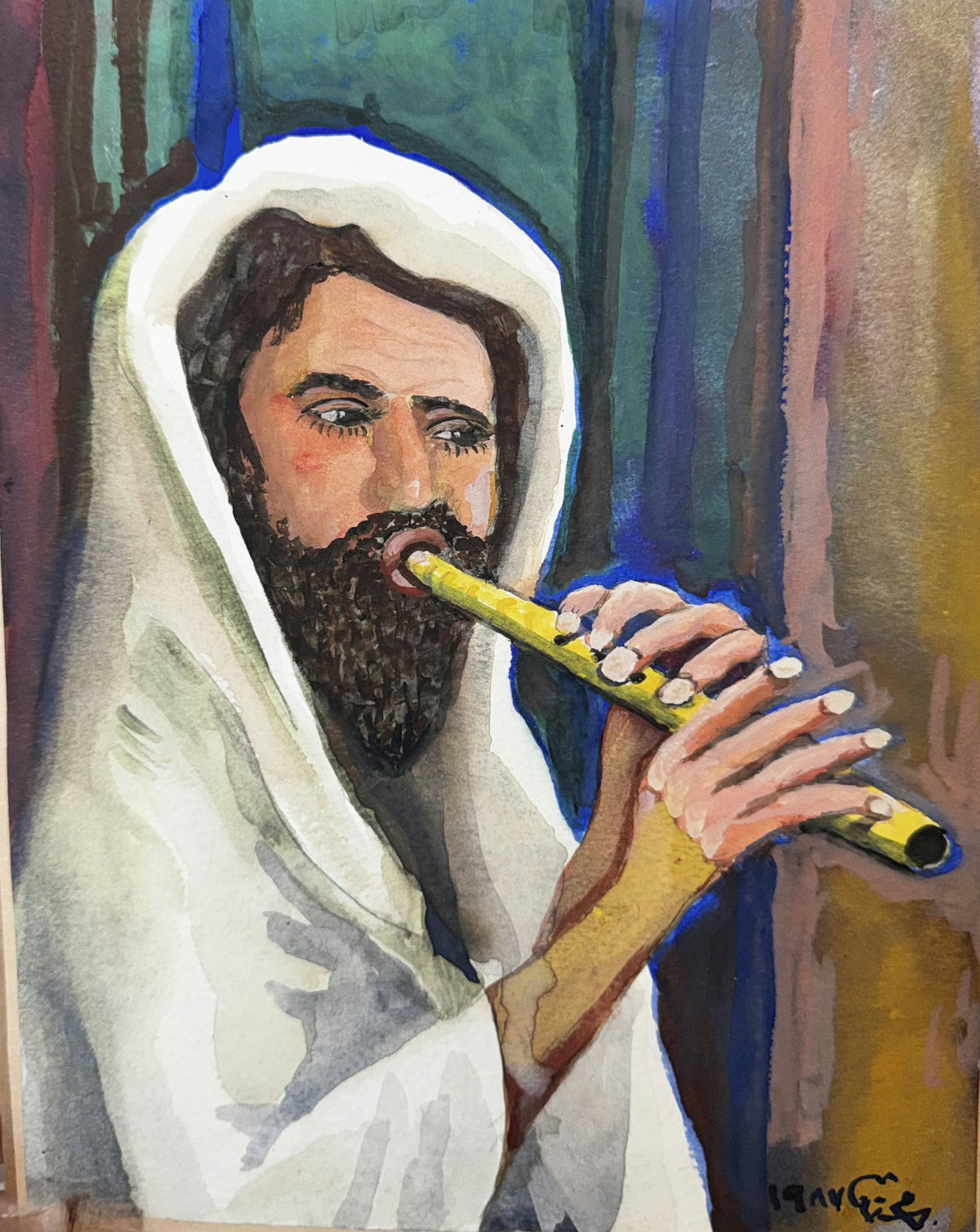 Original Mixed media 'Bearded Man Playing Flute' by Mohammad Bushnaq