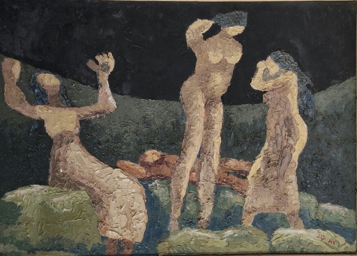 Original Oil 'Three Figures by Rocky Water' by Mohammad Bushnaq