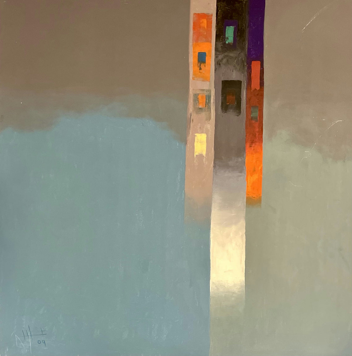 Original Acrylic 'Abstract Urban Tower with Coloured Windows' by Ghassan Abulaban