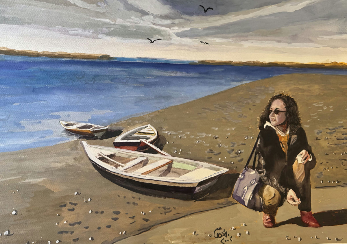 Original Mixed media 'Woman by Boats on Sandy Shore' by Mohammad Bushnaq