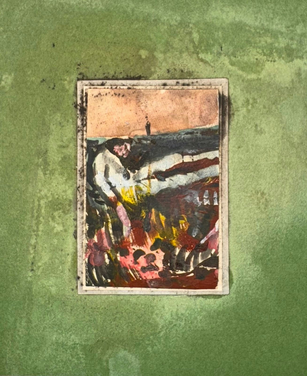 Original Mixed media 'Reclining Figure in Flames on Green' by Mohammad Bushnaq