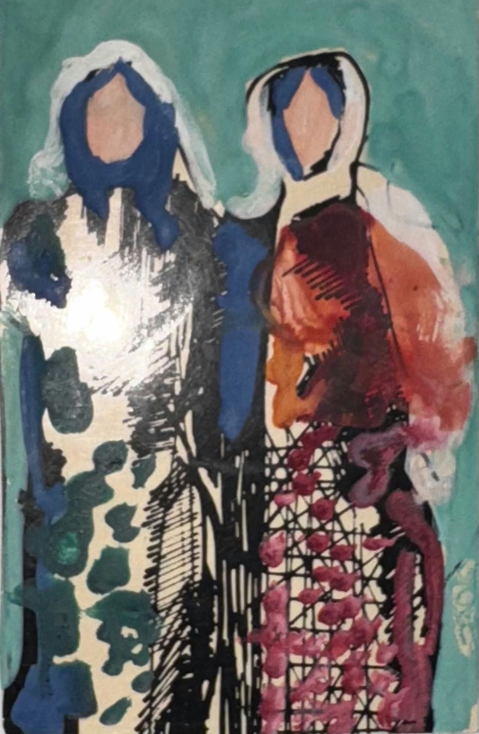 Original Mixed media 'Two Women in Traditional Dress' by Mohammad Bushnaq